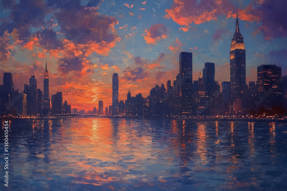Obraz premium As dusk settles, the city skyline glows with majestic skyscrapers that mirror their brilliance in the calm river below, creating a peaceful atmosphere filled with color