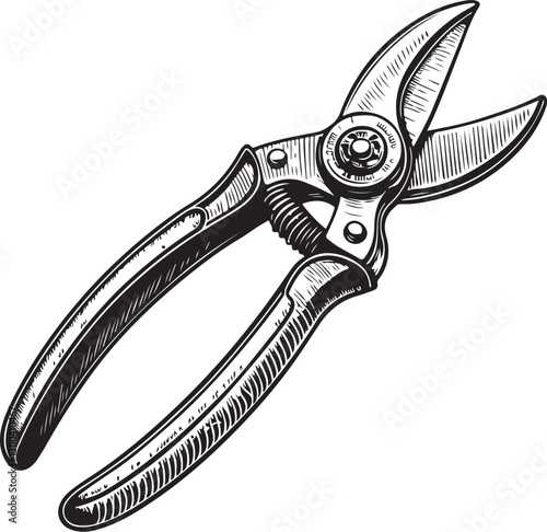 Pruning Shears Clippers Tool for Gardening Black and White Vector Illustration, Sketch Drawing Line Linear Engraving, Hand-drawn Isolated