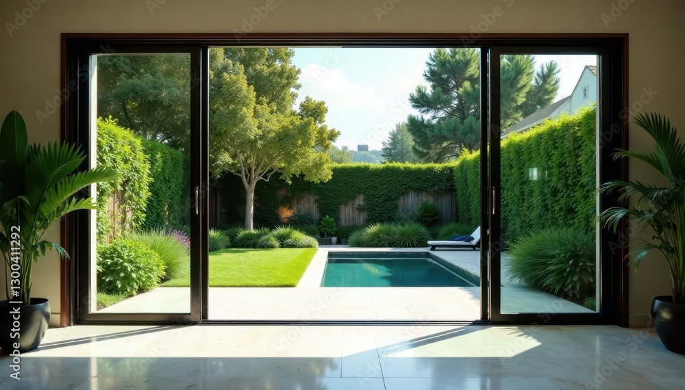 Fototapeta premium Modern home's sleek glass doors swing wide, showcasing a serene garden oasis, oasis, architecture