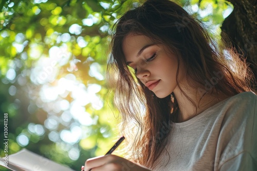 Young woman writing in a notebook outdoors, surrounded by greenery and sunlight, illustrating creativity, tranquility, and self reflection in a natural setting photo