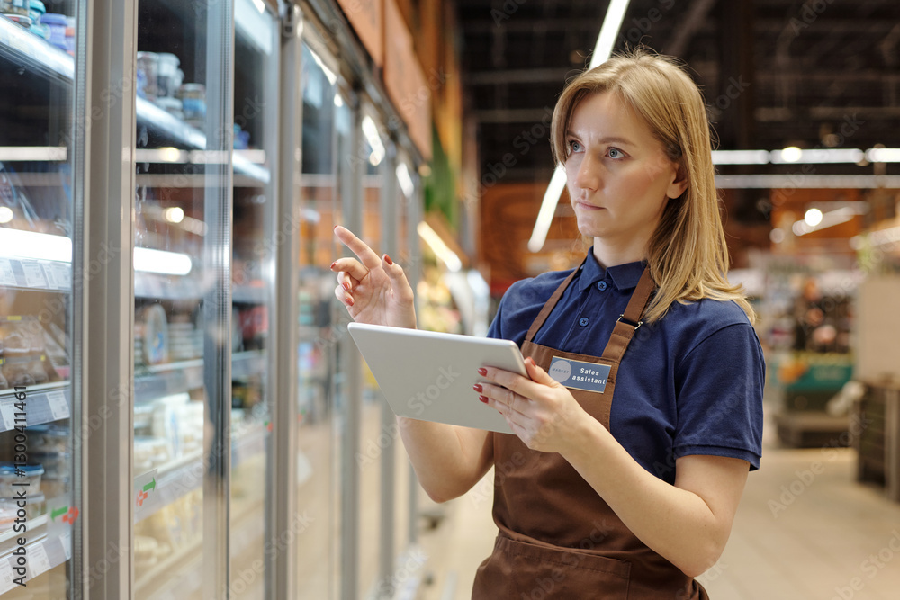 Waist up portrait of female supermarket worker holding digital tablet and doing stock review control, copy space