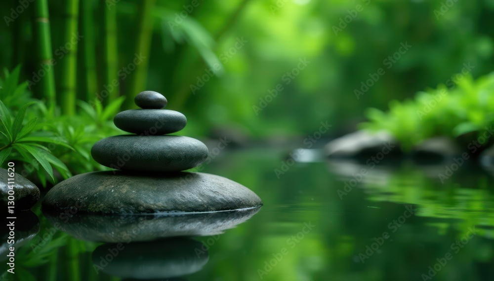 peaceful arrangement of zen stones in a tranquil pond surrounded by verdant bamboo and foliage , greenery, calming peaceful arrangement of zen stones in a tranquil pond surrounded by verdant bamboo and foliage , greenery, calming