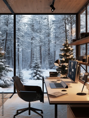 A tranquil workspace showing an office with a wintery view