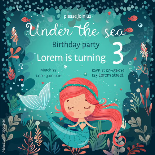 Cute mermaid birthday party invitation template with underwater theme. Adorable mermaid with red hair, sea plants, and fish. Perfect for kids' celebrations and events