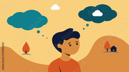 Thought Bubble of Nature A person with a troubled expression gazing upwards at a large thought bubble filled with s of a thriving environment juxtaposed with droughts