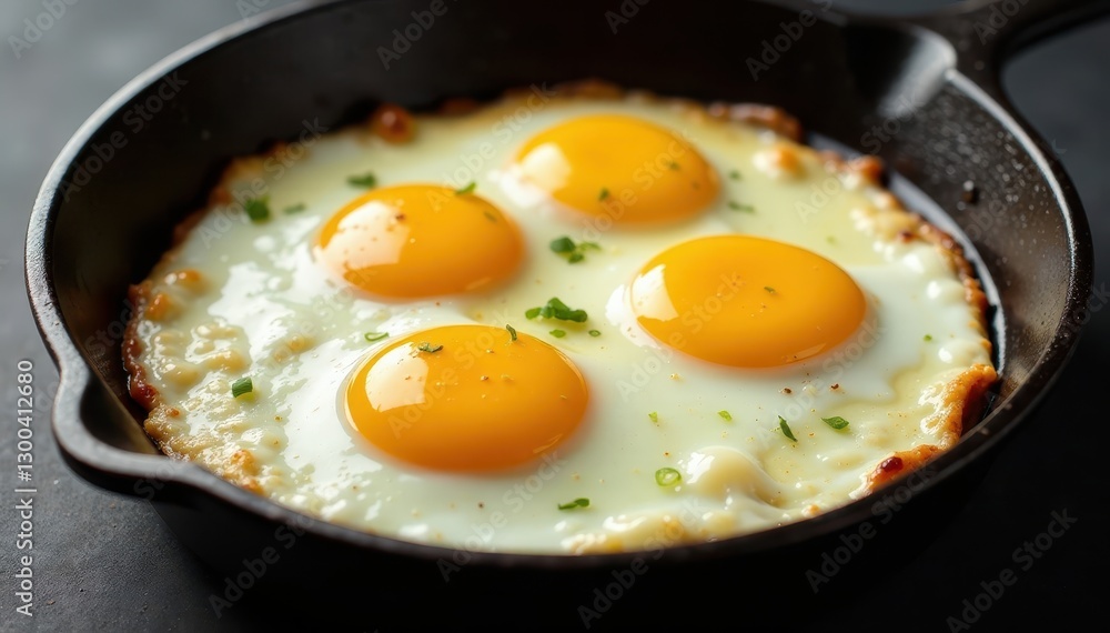 Sizzling eggs in a cast iron pan, with golden yolk and crispy edges , meal, pan Sizzling eggs in a cast iron pan, with golden yolk and crispy edges , meal, pan