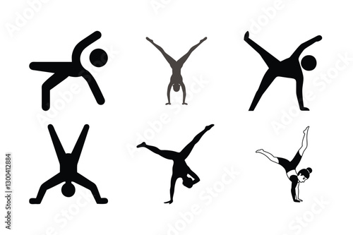 Silhouettes of Gymnastic or Acrobatic Poses in Black and White