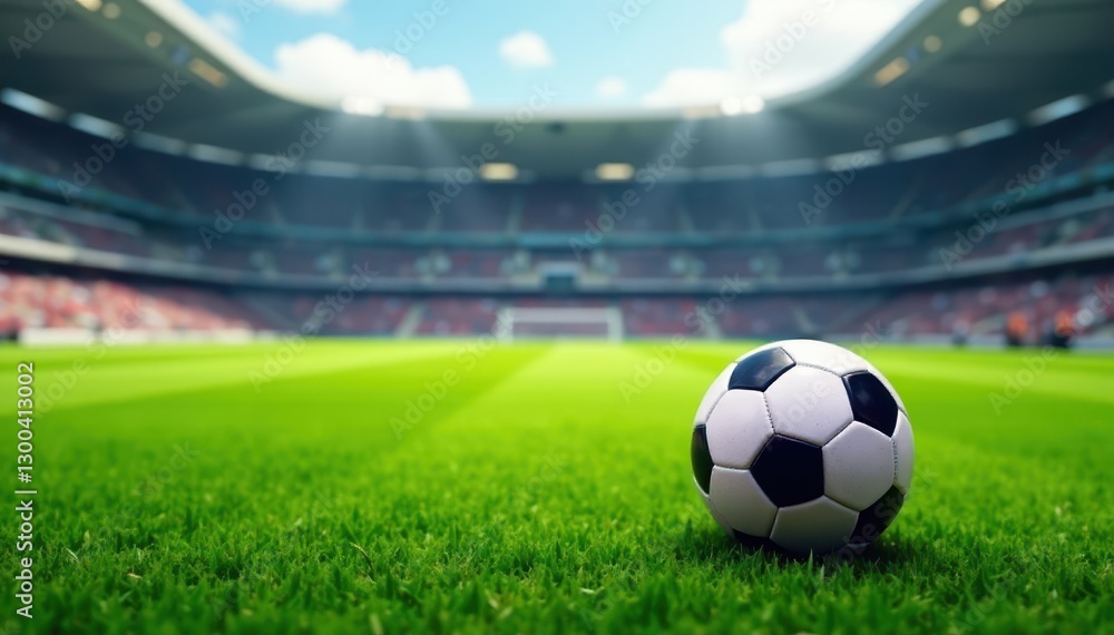 Naklejka premium Soccer ball on lush green field with stadium blurred in background, football, outdoor