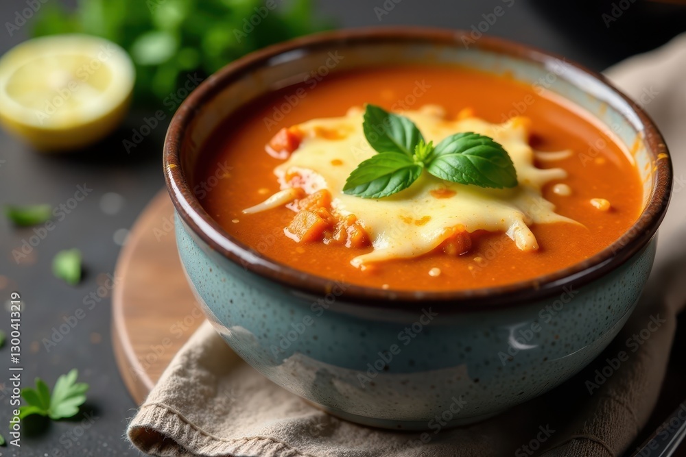 Soup in ceramic bowl topped with melted cheese and fresh herbs, dinner, warm Soup in ceramic bowl topped with melted cheese and fresh herbs, dinner, warm