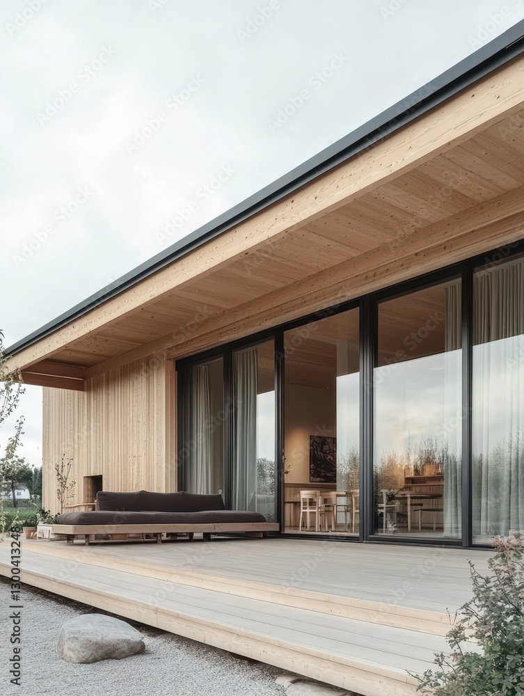 Modern outdoor design shows a wooden house with large glass windows Modern outdoor design shows a wooden house with large glass windows