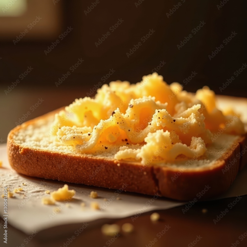 Softly glowing warm light falls on torn bread fragments, bread, baking Softly glowing warm light falls on torn bread fragments, bread, baking