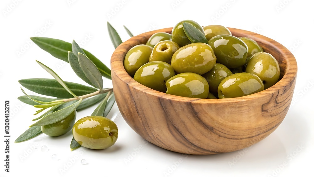 Green Olives in Wooden Bowl on White Background – Fresh Mediterranean Snack Green Olives in Wooden Bowl on White Background – Fresh Mediterranean Snack