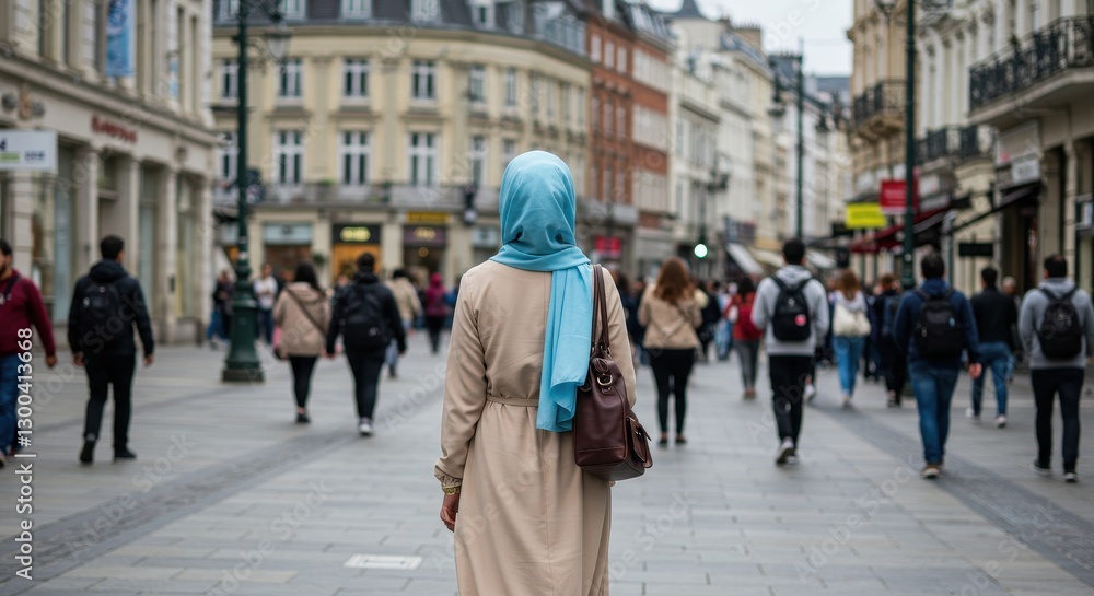 A woman in hijab strolls down a bustling European city street, surrounded by people going about their day. A peaceful scene of everyday life A woman in hijab strolls down a bustling European city street, surrounded by people going about their day. A peaceful scene of everyday life