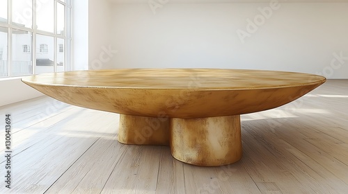 Gold table sits in bright, empty room