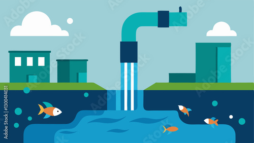 Water Drainage A corporate factory with pipes draining water from a lake into a waste dump with fish jumping out of the polluted area in apparent distress.