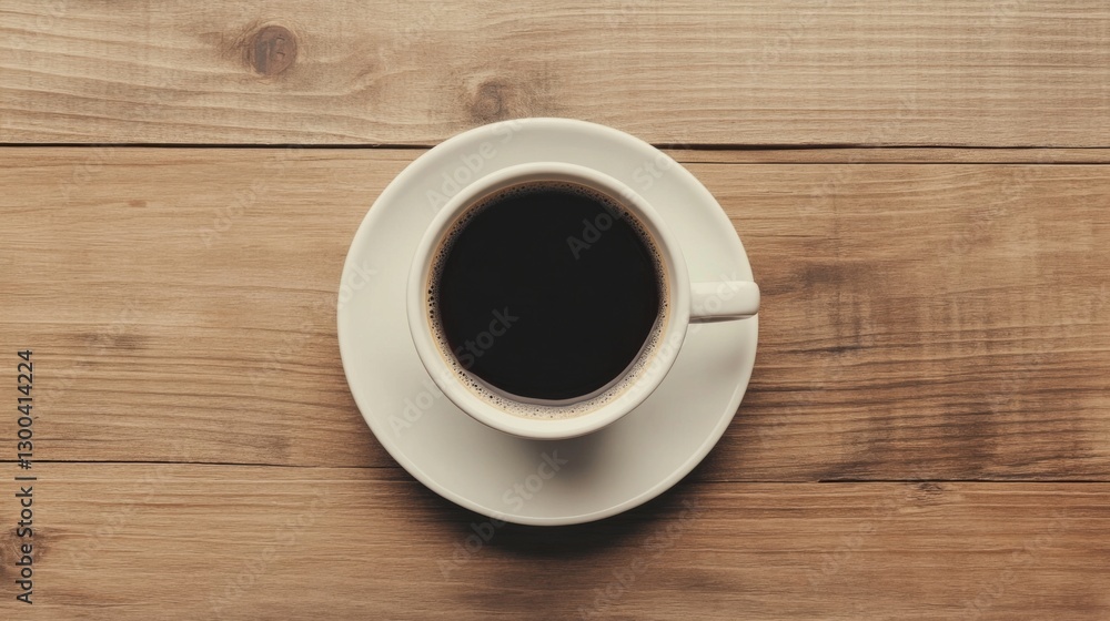 Overhead view of coffee cup on wood table Overhead view of coffee cup on wood table