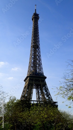 The magnificent Eiffel Tower rises proudly among the lush greenery under a bright blue sky, beckoning explorers to experience Paris's charm and rich history