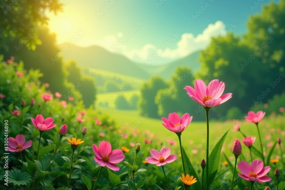 Fototapeta premium Vibrant flowers sway in breeze amidst lush greenery , colorful, paradise