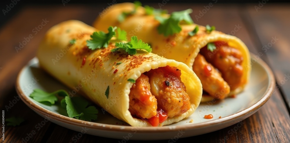 Vibrant Unda Chicken Kati Roll with herbs and chutney, herbs, crispy kati Vibrant Unda Chicken Kati Roll with herbs and chutney, herbs, crispy kati