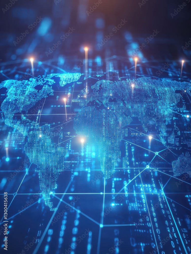 Abstract digital world map on blue background with binary code and global network connection technology concept, data transfer and cyber security in the cyberspace Abstract digital world map on blue background with binary code and global network connection technology concept, data transfer and cyber security in the cyberspace