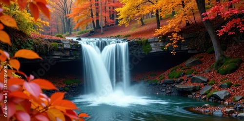 Waterfall surrounded by vibrant autumn leaves in shades of orange, yellow and red, nature, Rovijokkfossen photo