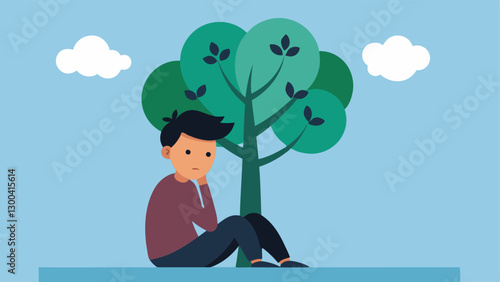 Tree of Worry A tree whose leaves are made of various worried expressions. A young person sits at its base looking up with a hand on their forehead in contemplation about the