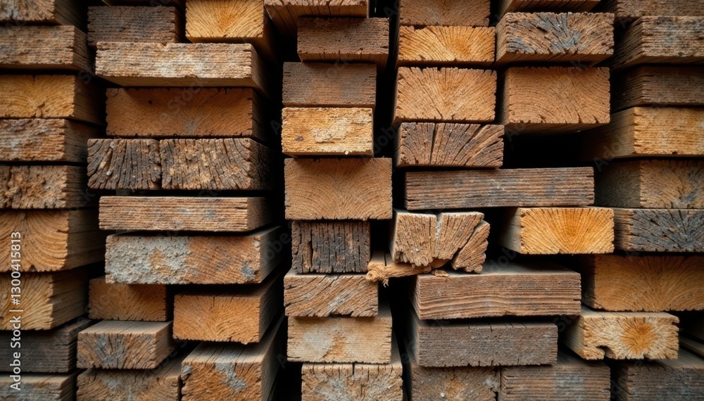 Weathered timber planks stacked high in a lumber yard, wood texture, rustic lumber Weathered timber planks stacked high in a lumber yard, wood texture, rustic lumber