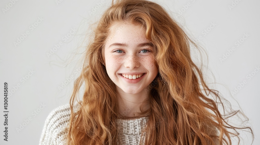 Fototapeta premium A cheerful girl with long, wavy red hair smiles brightly against a neutral background, radiating joy and warmth