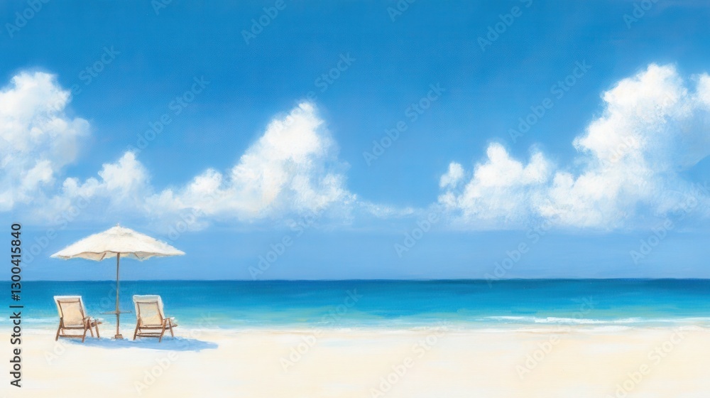 Beach chairs, umbrella, ocean view, relaxing scene, travel poster Beach chairs, umbrella, ocean view, relaxing scene, travel poster
