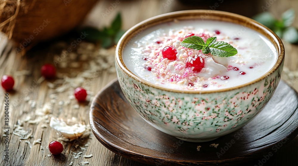 A traditional Thai dessert bowl of Tub Tim Krob with sparkling red pearls and creamy coconut milk, served on a rustic wooden table. A traditional Thai dessert bowl of Tub Tim Krob with sparkling red pearls and creamy coconut milk, served on a rustic wooden table.