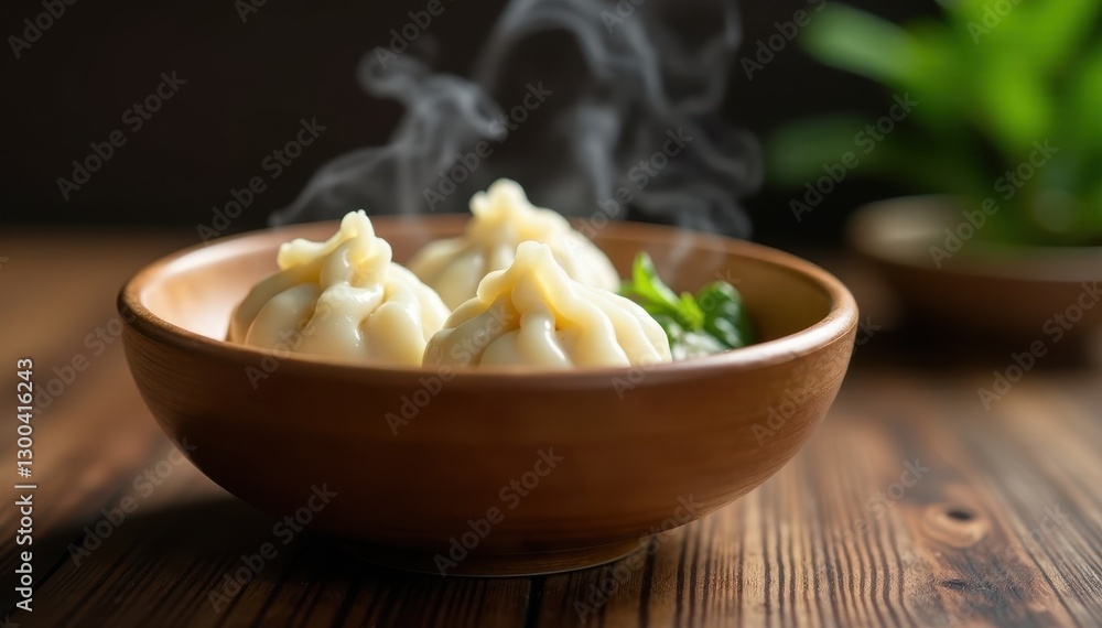 Wooden bowl with steaming three dumplings on a simple table surface , food, tableware Wooden bowl with steaming three dumplings on a simple table surface , food, tableware