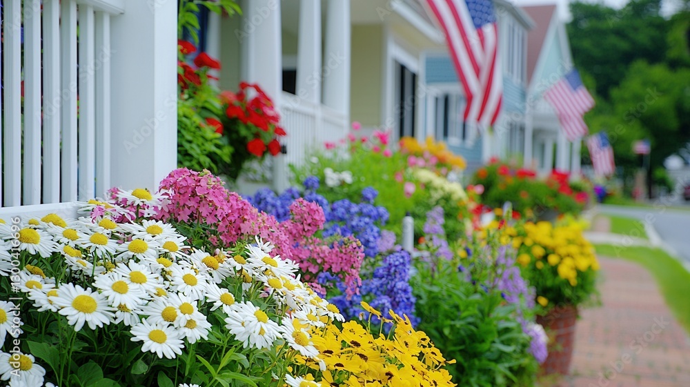 Fototapeta premium Vibrant flowers petunia and hydrangea blossoms adorning ceramic pots, complemented by waving american flags representing summer patriotism
