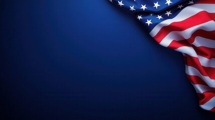Small united states flag standing on a table with blue background, creating a patriotic and solemn atmosphere July 4, Veterans or memorial day copy space for text