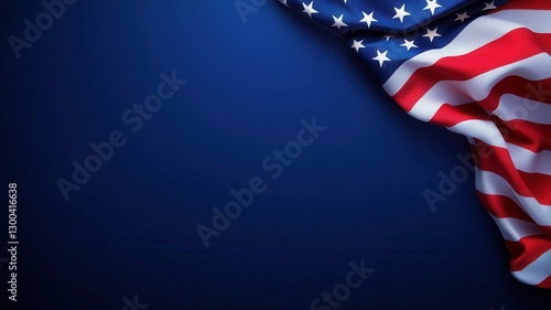 Small united states flag standing on a table with blue background, creating a patriotic and solemn atmosphere July 4, Veterans or memorial day copy space for text