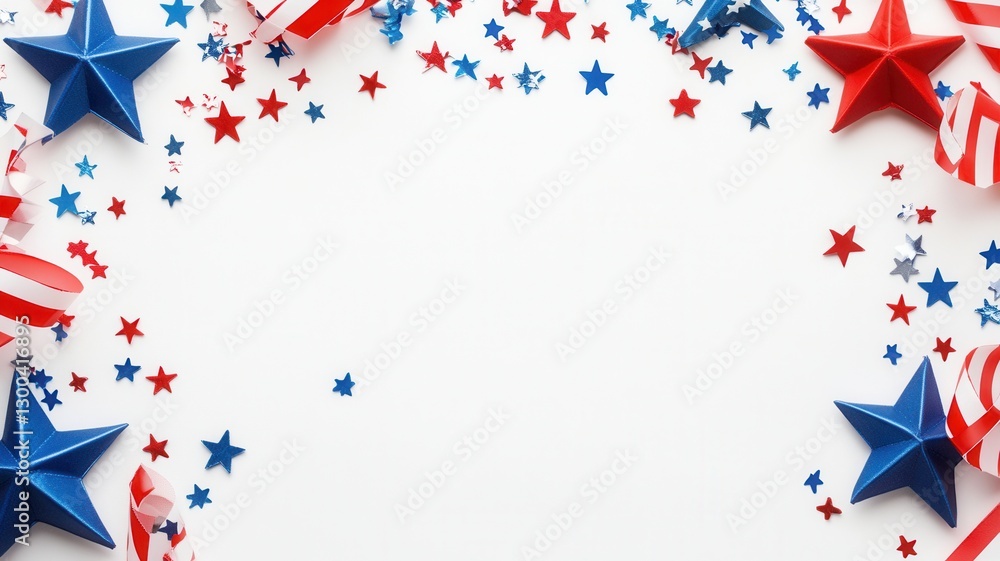 Obraz premium American flag waving alongside decorative star pattern, symbolizing national pride against pristine white background holiday, July 4, Veterans or memorial day copy space for text