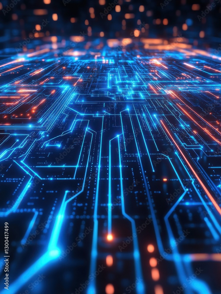 Neon glowing digital technology circuit board in computer. Futuristic glowing bright blue color. Abstract connection concept presentation background Communication wireframe laser lines illustration Neon glowing digital technology circuit board in computer. Futuristic glowing bright blue color. Abstract connection concept presentation background Communication wireframe laser lines illustration
