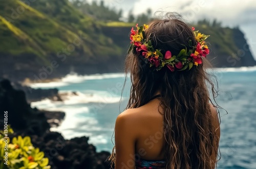 An island girl stands on the shore overlooking the ocean, wearing a flower crown and a halter top, her long hair flowing in the wind. 