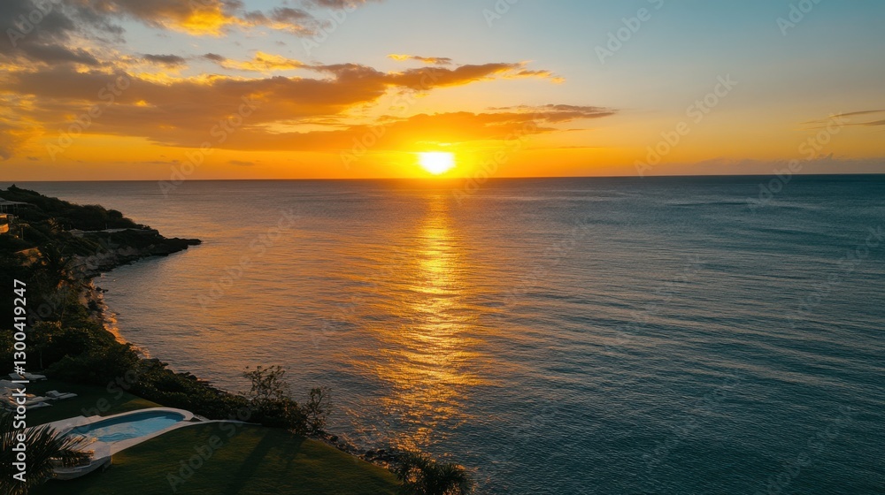 Obraz premium A stunning oceanfront property with a breathtaking sunset view, perfect for real estate listings, paradise, view