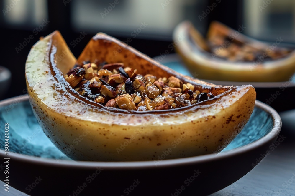 Φωτογραφία Baked pears filled with nuts and dried fruits on blue plates, a healthy and delicious dessert option, showcasing the golden-brown caramelized texture