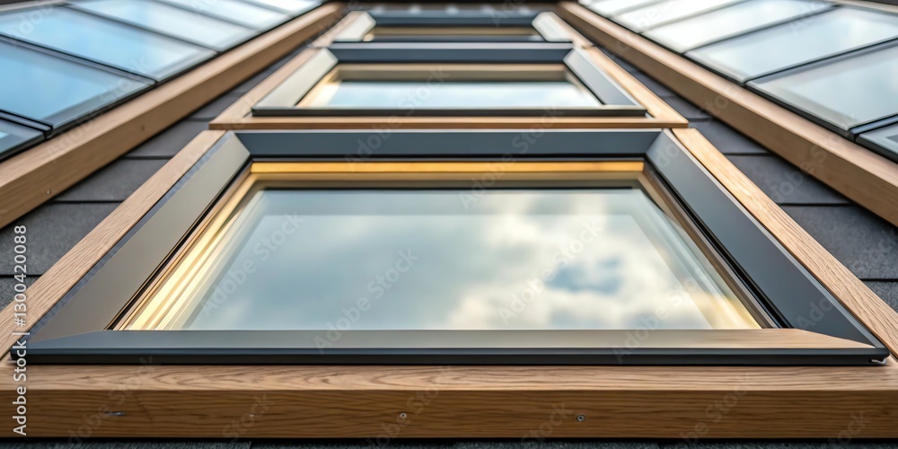 Obraz premium Upward view of modern skylight windows reflecting the cloudy sky, framed with wooden trims.