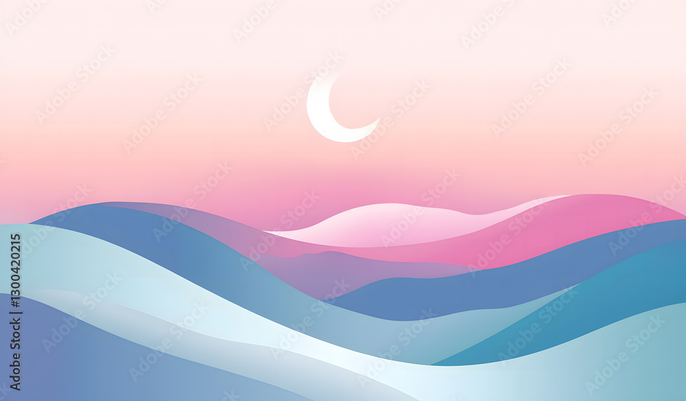 Fototapeta premium Serene Pastel Mountainscape Crescent Moon and Soft Hues Digital Art