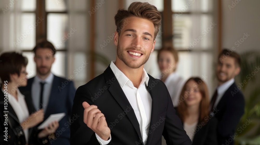 Confident Businessman Smiling in a Professional Office Setting with Colleagues Confident Businessman Smiling in a Professional Office Setting with Colleagues