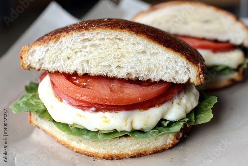 Close-up of a fresh Caprese sandwich featuring juicy tomatoes, creamy mozzarella, and fresh basil, nestled between a soft, artisanal bun, with a second sandwich in background. photo