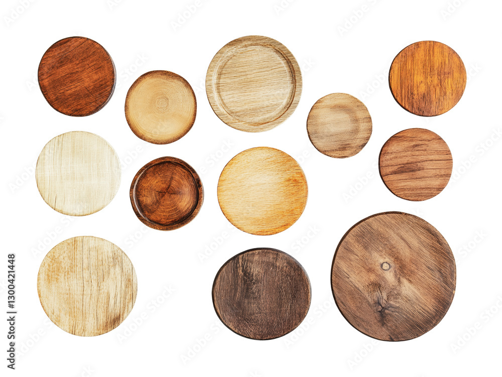 Wooden coasters in various shapes and shades displayed on a plain surface for home decor and table protection, cut out Wooden coasters in various shapes and shades displayed on a plain surface for home decor and table protection, cut out