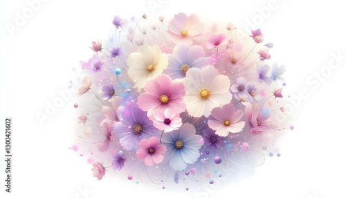 A hologram of soft pink, lavender and light yellow flowers in full bloom, the flowers blending together and swaying naturally