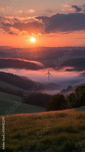 Turbine Rising Foggy Hills, Sunrise Glow