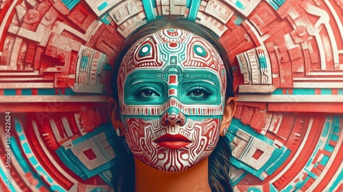 A close-up of a woman's face adorned with elaborate tribal face paint in bold red, white, and turquoise, reflecting rich cultural heritage and artistic expression.