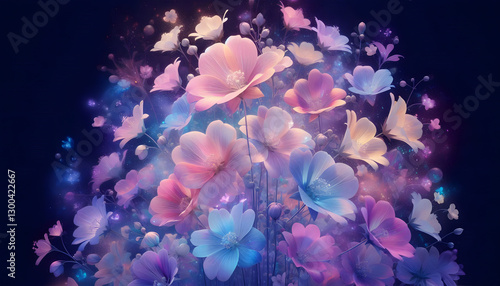 A hologram of soft pink, lavender and light yellow flowers in full bloom, the flowers blending together and swaying naturally