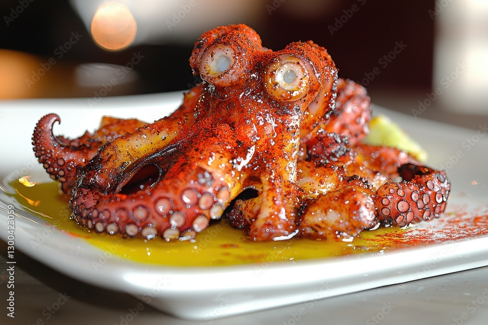 Close-up shot of a delicious grilled octopus dish, seasoned with spices and drizzled with oil, on a white plate, restaurant setting, appetizing seafood presentation. Close-up shot of a delicious grilled octopus dish, seasoned with spices and drizzled with oil, on a white plate, restaurant setting, appetizing seafood presentation.