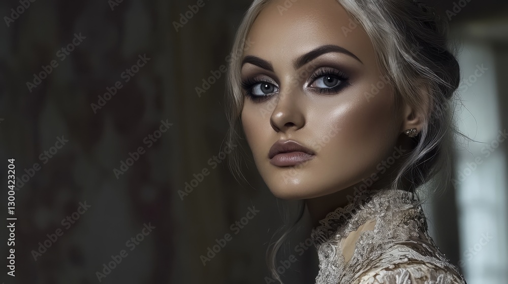 Fototapeta premium This image presents a classic portrait of a woman with striking makeup, emphasizing her features against a subdued background, creating an elegant composition.